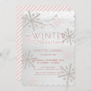 Invitation Hiver Onederland Flocon de neige rose 1er annivers