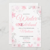 Invitation Hiver ONEderland Flocon de neige rose 1ère Invitat (Devant / Derrière)