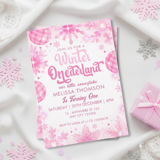 Invitation Hiver Onederland Flocon de neige rose Premier anni