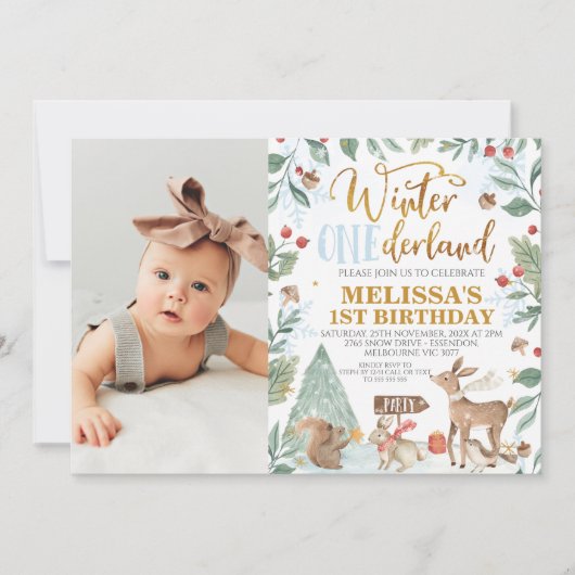 Invitation Hiver Onederland Forêt Photo Anniversaire (Devant)
