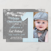 Invitation Hiver Onederland Garçon Grey Feu de neige Annivers (Devant / Derrière)