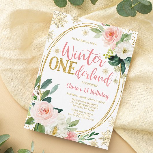 Invitation Hiver ONEderland Gold rose Floral Anniversaire