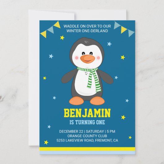 Invitation Hiver Onederland mignon Penguin 1er anniversaire I (Devant)