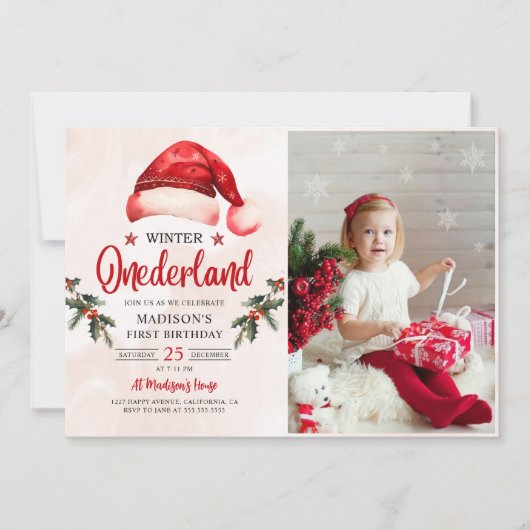 Invitation Hiver Onederland Noël Santa Hat Anniversaire (Devant)