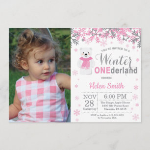 Invitation Hiver Onederland Ours polaire fille 1er anniversai