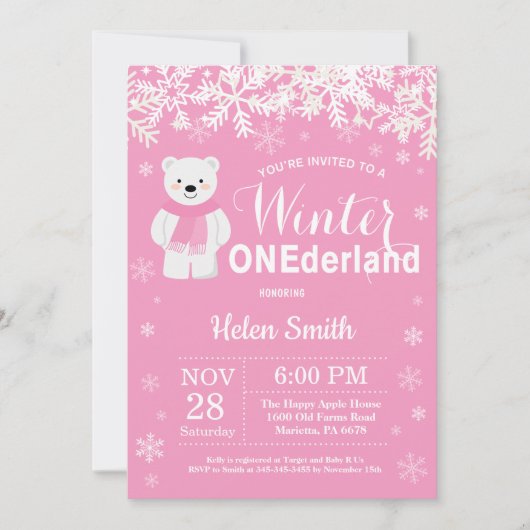 Invitation Hiver Onederland Ours polaire fille 1er anniversai (Devant)