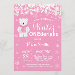 Invitation Hiver Onederland Ours polaire fille 1er anniversai