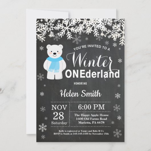 Invitation Hiver Onederland Ours Polaire Garçon 1er anniversa (Devant)