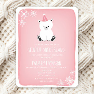 Invitation Hiver Onederland Ours polaire rose Premier anniver