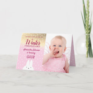 Invitation Hiver Onederland Pailleté Rose et Or 1er Anniversa
