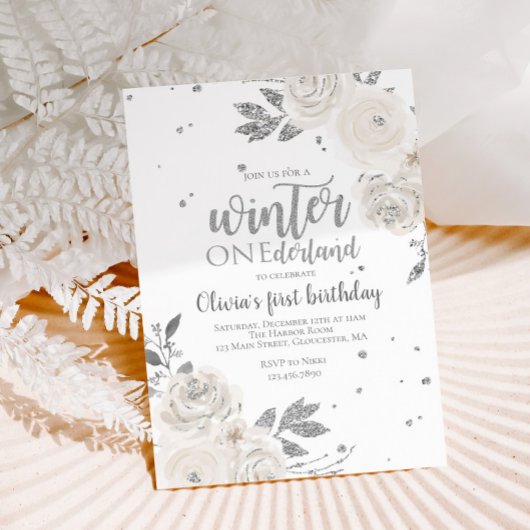 Invitation Hiver Onederland Parties scintillant d'argent Flor