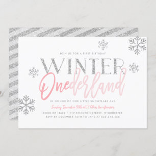 Invitation Hiver ONEderland Parties scintillant d'argent rose