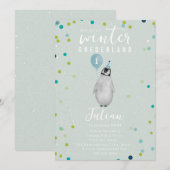 Invitation Hiver Onederland Penguin Blue Balloon Anniversaire (Devant / Derrière)