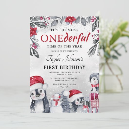Invitation Hiver Onederland Penguin Noël 1er anniversaire (Debout devant)