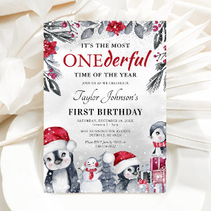Invitation Hiver Onederland Penguin Noël 1er anniversaire