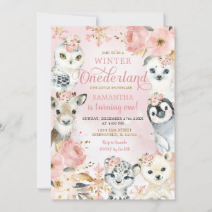 Invitation Hiver Onederland Pink Arctic Animaux Anniversaire