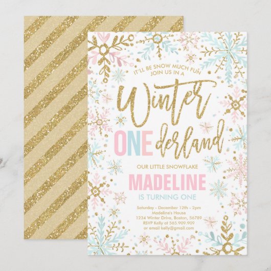 Invitation Hiver ONEderland Pink Gold Snowflake 1er anniversa (Devant / Derrière)