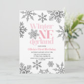 Invitation Hiver Onederland Pink Silver Snowflake Anniversair (Debout devant)