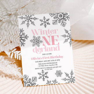 Invitation Hiver Onederland Pink Silver Snowflake Anniversair
