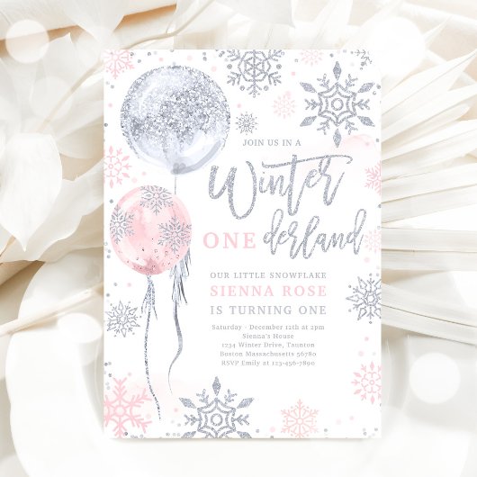 Invitation Hiver Onederland Pink Silver Snowflake Anniversair