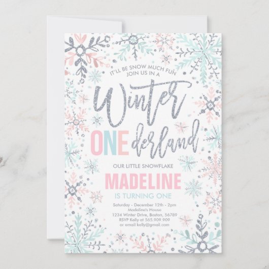 Invitation Hiver ONEderland Pink Silver Snowflake Anniversair (Devant)