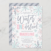 Invitation Hiver ONEderland Pink Silver Snowflake Anniversair (Devant / Derrière)