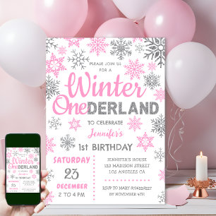 Invitation Hiver Onederland Pink Snowflake 1er anniversaire