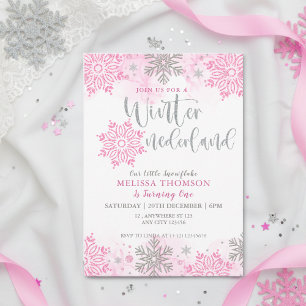 Invitation Hiver Onederland Pink Sparkake Snowflake Anniversa