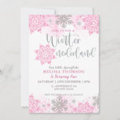 Invitation Hiver Onederland Pink Sparkake Snowflake Anniversa (Devant)