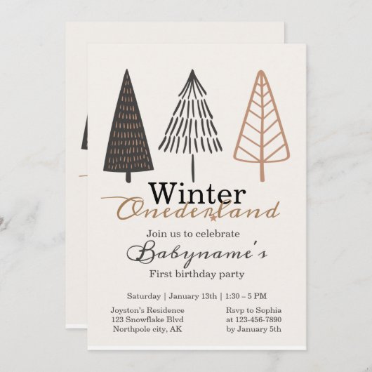 Invitation Hiver Onederland Premier anniversaire Boho minimal (Devant / Derrière)