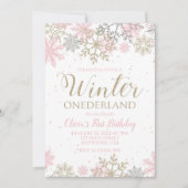 Invitation Hiver Onederland Premier anniversaire flocon rose (Devant)