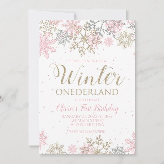 Invitation Hiver Onederland Premier anniversaire flocon rose (Devant)