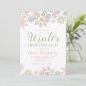 Invitation Hiver Onederland Premier anniversaire flocon rose (Debout devant)