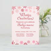 Invitation Hiver Onederland Premier anniversaire flocon rose (Debout devant)