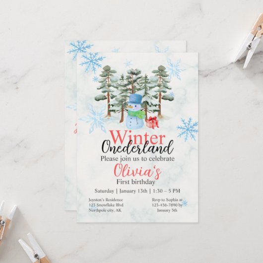 Invitation Hiver Onederland Premier anniversaire mignon snowm (Devant/Arrière en situation)