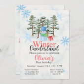 Invitation Hiver Onederland Premier anniversaire mignon snowm (Devant / Derrière)