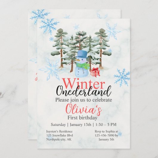 Invitation Hiver Onederland Premier anniversaire mignon snowm (Devant / Derrière)