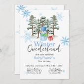 Invitation Hiver Onederland Premier anniversaire mignon Snowm (Devant / Derrière)