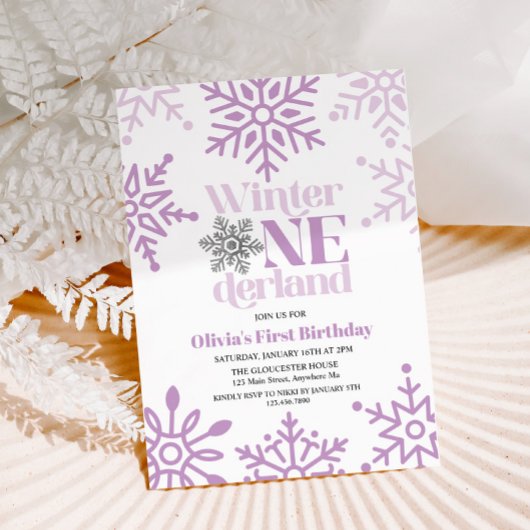 Invitation Hiver Onederland Purple Flocon de neige 1er annive