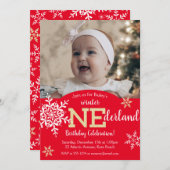 Invitation Hiver ONEderland Red Gold Parties scintillant 1er (Devant / Derrière)