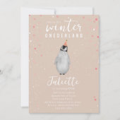 Invitation Hiver Onederland rose Anniversaire Penguin Confett (Devant)