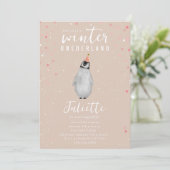 Invitation Hiver Onederland rose Anniversaire Penguin Confett (Debout devant)