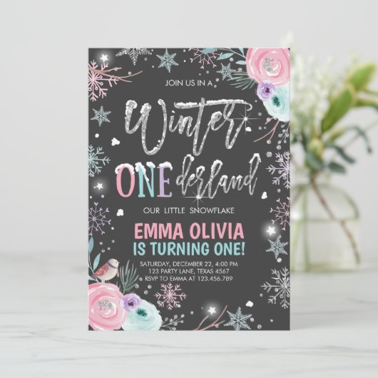 Invitation Hiver ONEderland rose argent noir premier annivers (Debout devant)