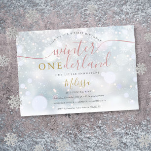 Invitation Hiver Onederland Rose et or 1er anniversaire