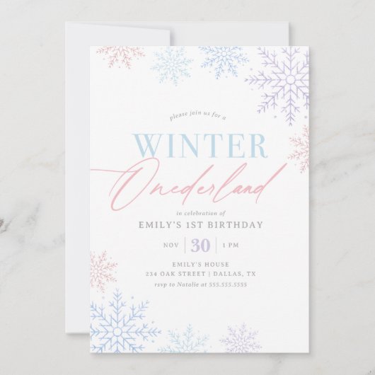 Invitation Hiver Onederland rose violet Parties scintillant 1 (Devant)