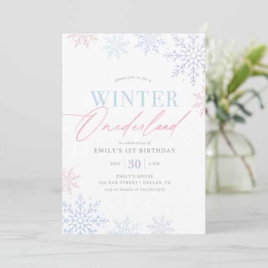 Invitation Hiver Onederland rose violet Parties scintillant 1 (Debout devant)