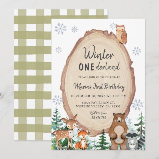 Invitation Hiver Onederland Russe Bois Animaux Anniversaire (Devant / Derrière)