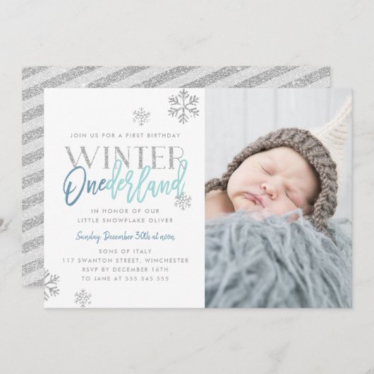 Invitation Hiver ONEderland Silver Blue 1st Birthday Photo (Devant / Derrière)