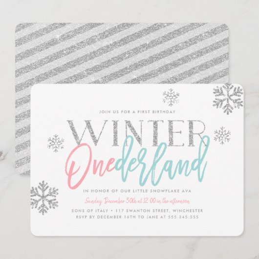 Invitation Hiver ONEderland Silver Glittery 1er anniversaire (Devant / Derrière)