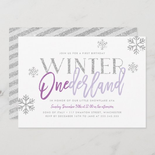 Invitation Hiver ONEderland Silver Glitz Purple 1er anniversa (Devant / Derrière)